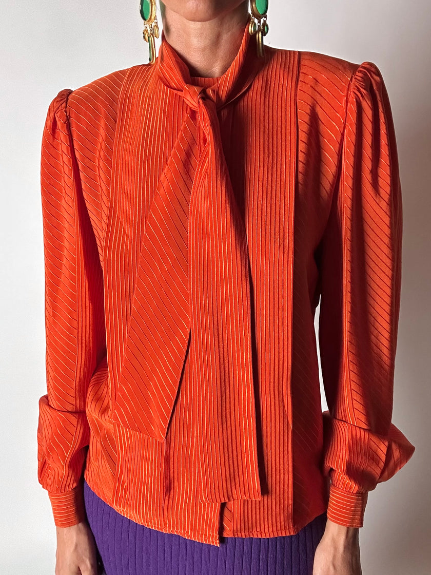 Camicia vintage Scherrer Boutique con nastro al collo in seta jacquard zucca