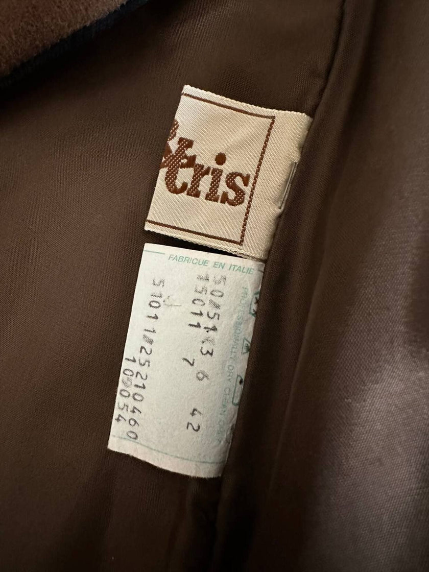Alex & Tris green-brown wool double-breasted coat with martingale and black velvet trim