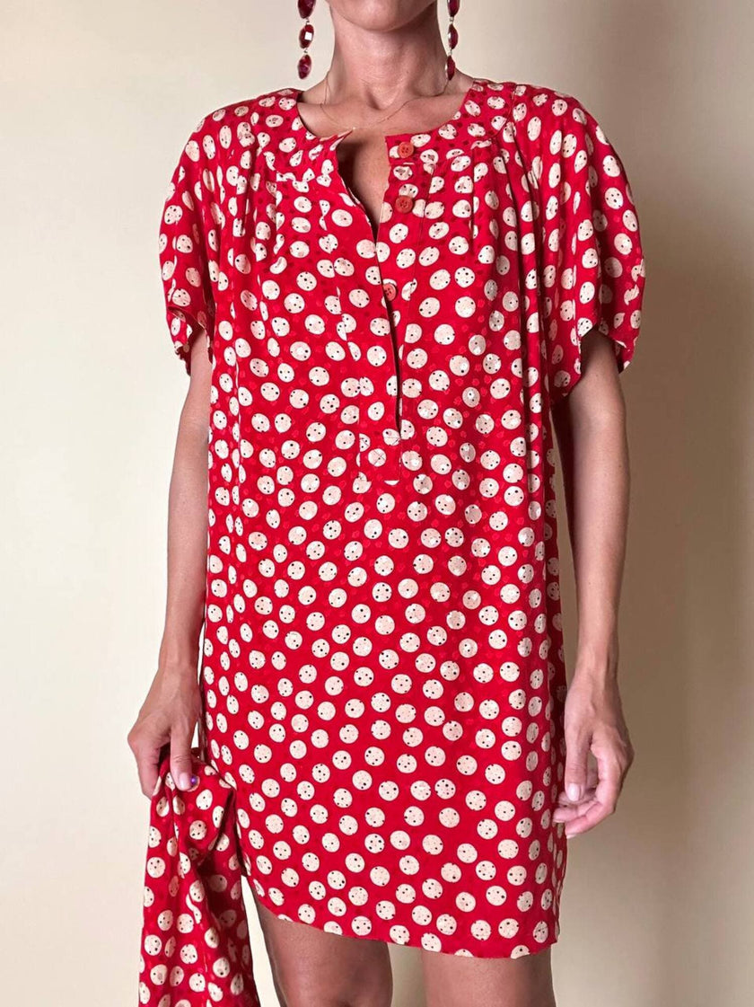 Mini abito rosso in seta jacquard a pois con fusciacca in coordinato “Fendi”