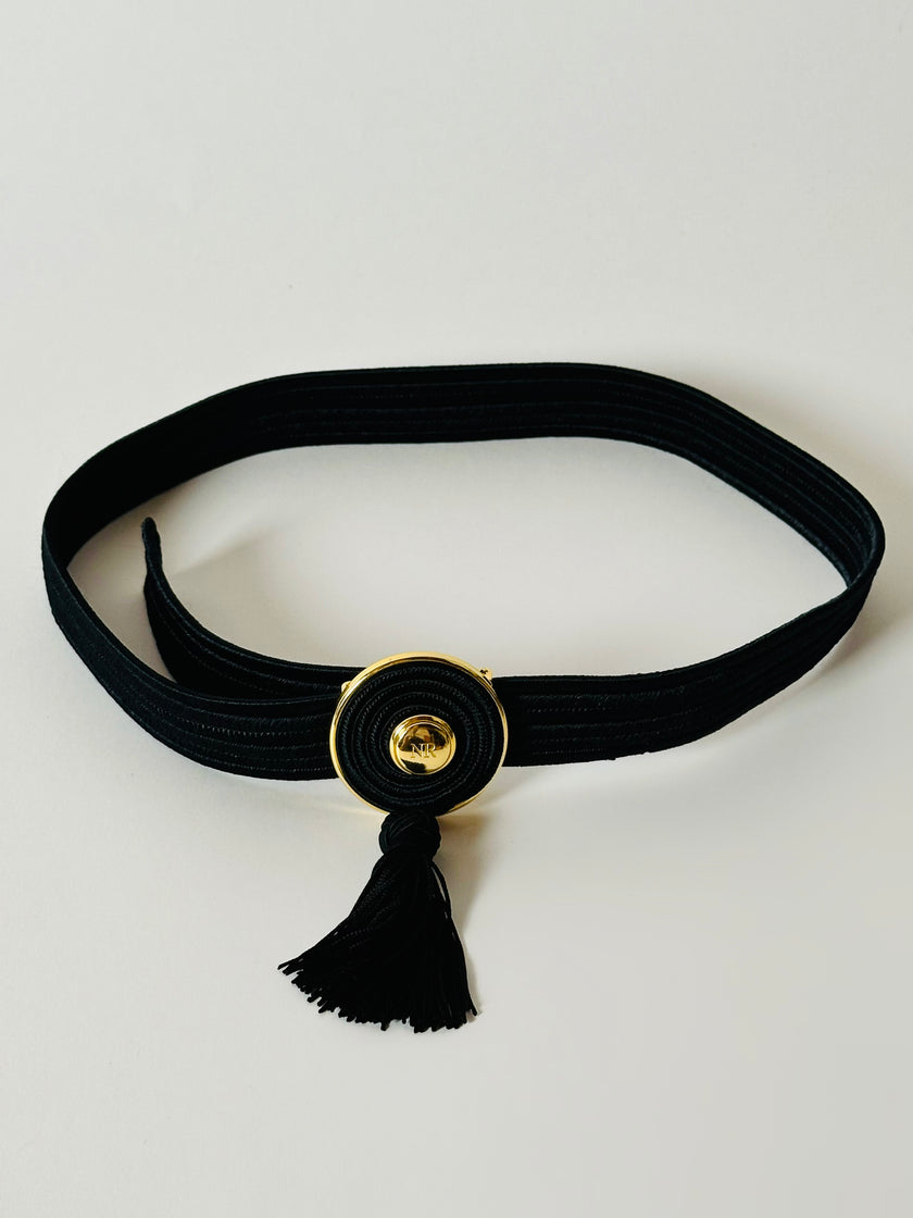 Cintura vintage Nina Ricci Paris in passamaneria elastica nera con fibbia gioiello e nappa couture