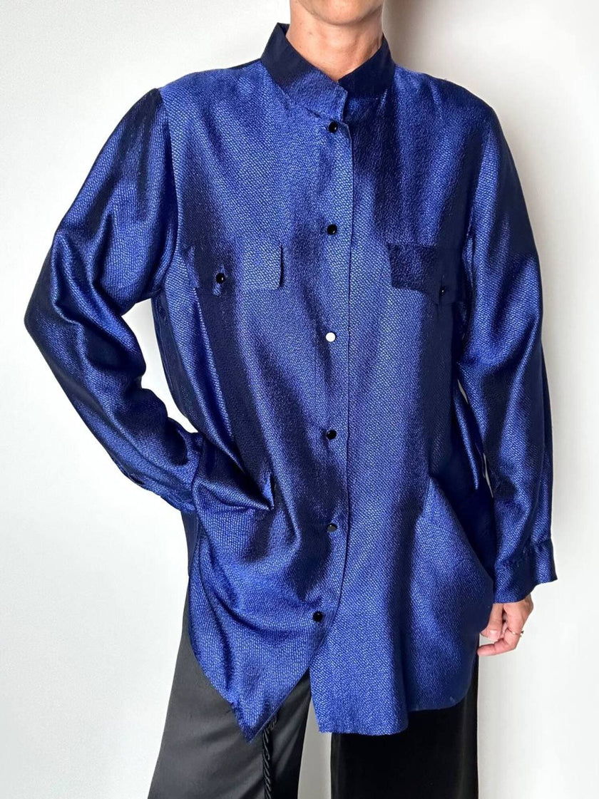 Giacca-camicia vintage in tessuto jacquard bluette