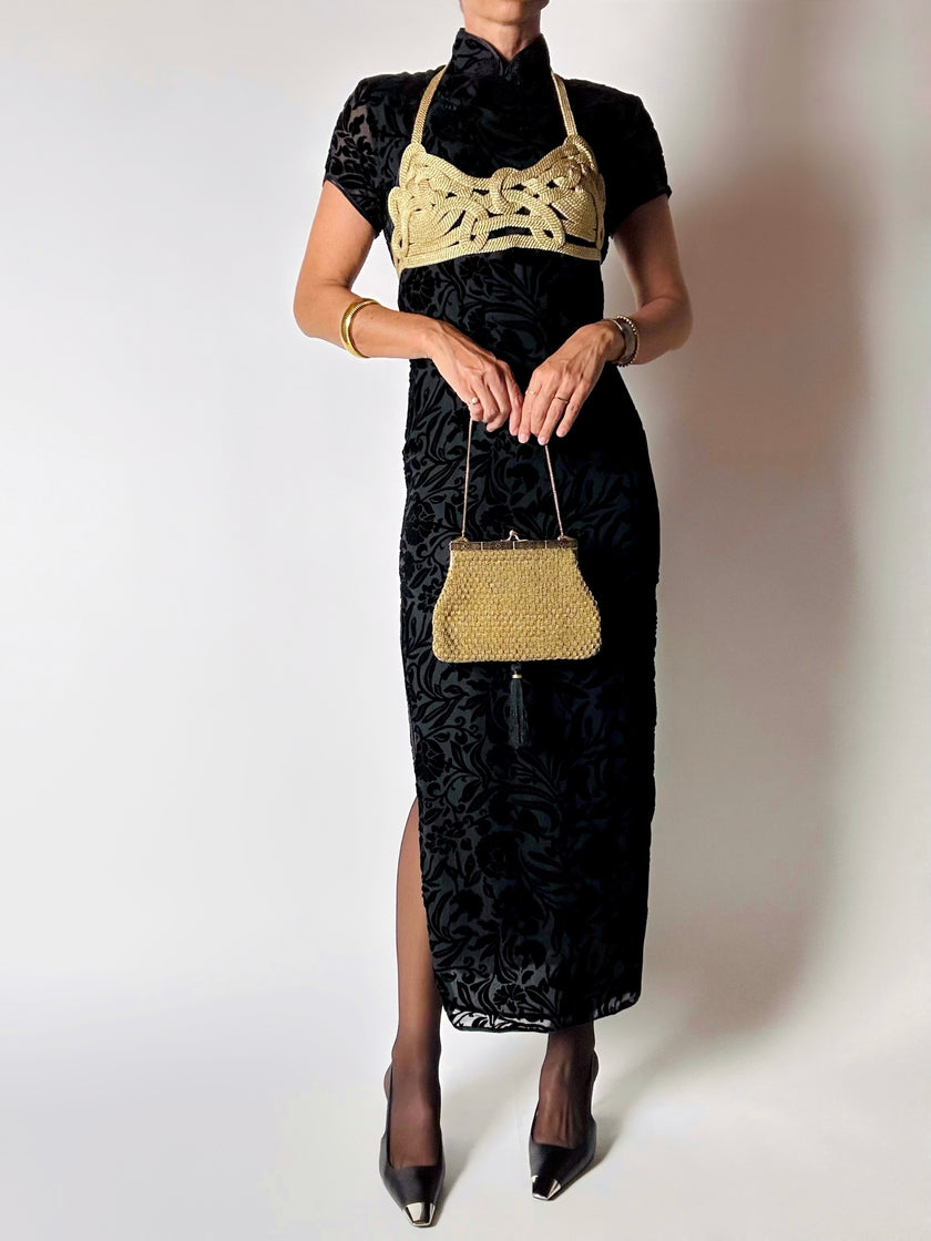 Abito qipao vintage in velluto di seta dévoré con alamari