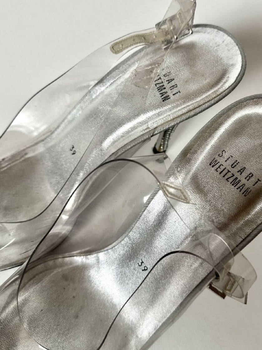 Slingback vintage a punta in plexi e strass argento Stuart Weitzman