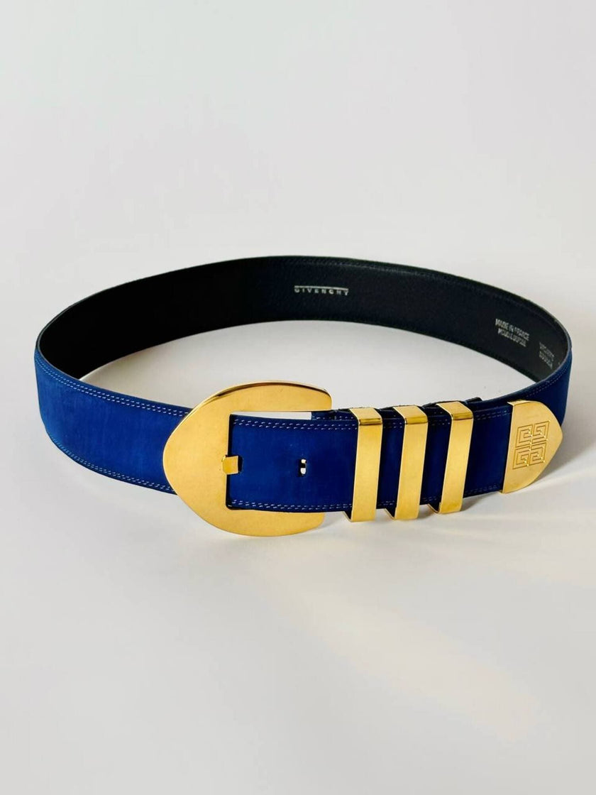 Cintura vintage Givenchy in nabuk blu cobalto con fibbia sagomata e passanti oro