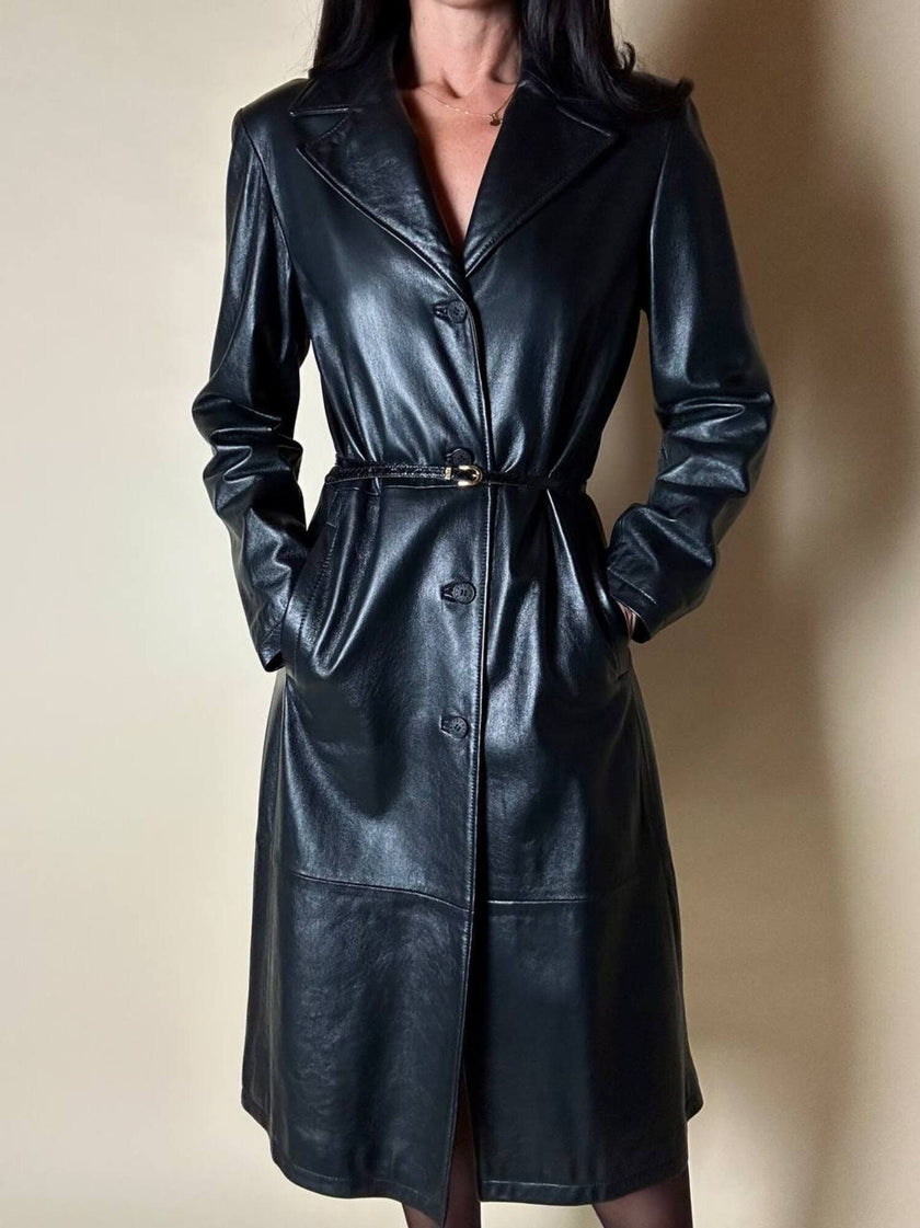 Cappotto/Robe Manteau vintage in pelle nera con spacco posteriore The Bomb