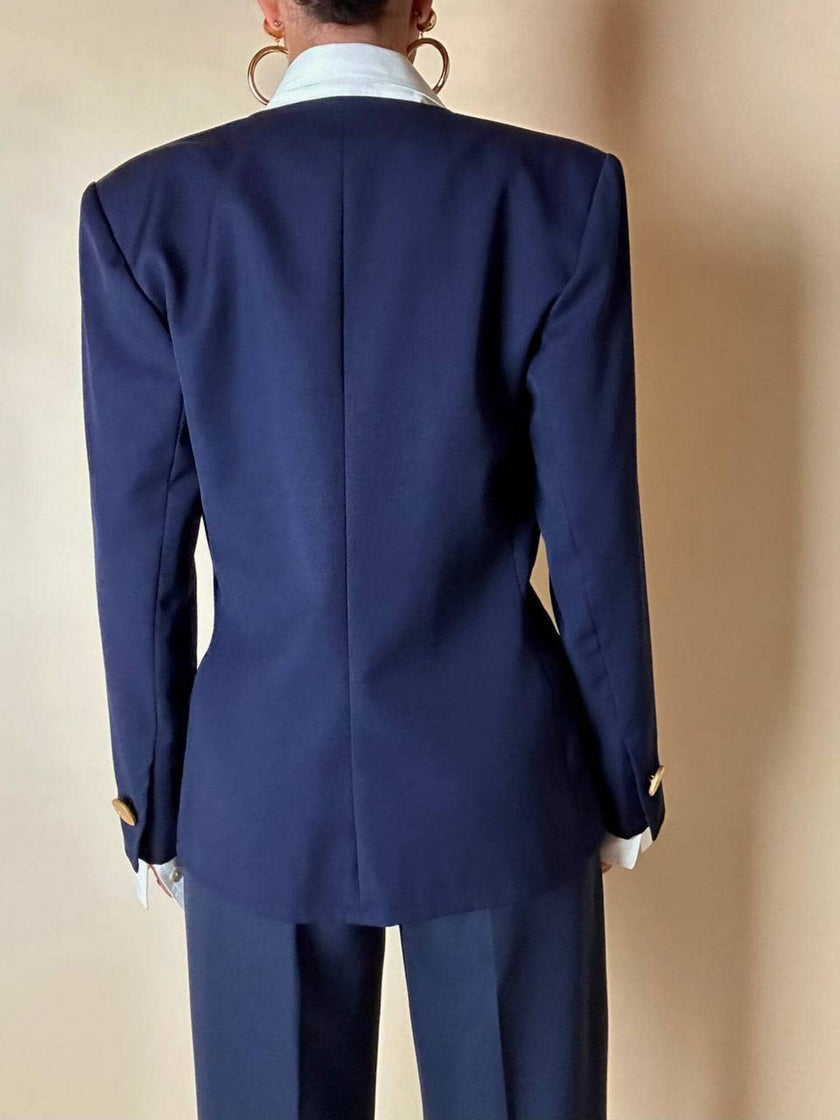 Blazer vintage Yves Saint Laurent en laine rasée bleu nuit avec boutons dorés logotés