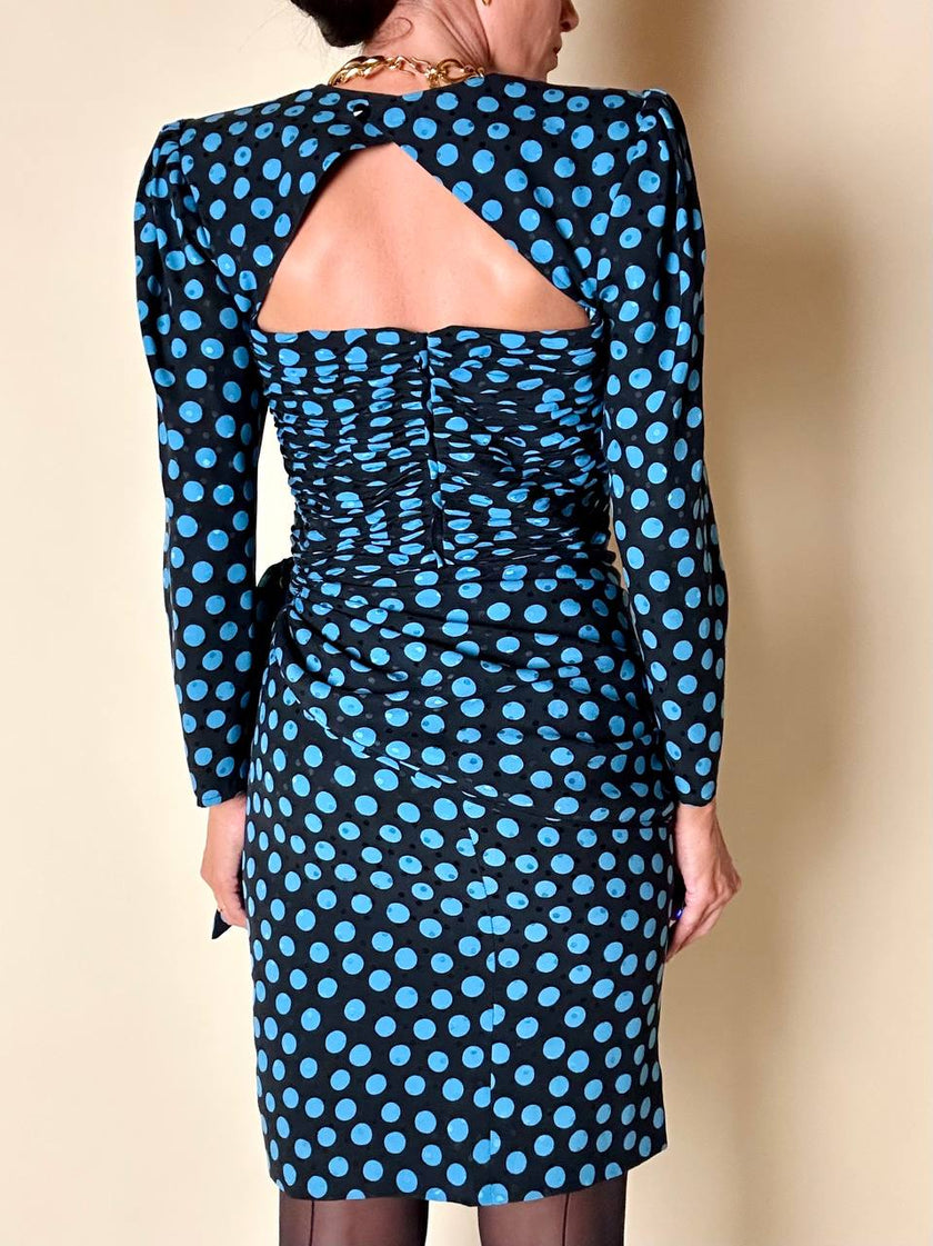 Abito in seta Ungaro Parallèle nero a pois celesti con fiocco laterale