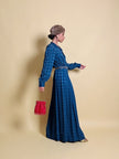 Abito lungo blu lavagna in tessuto Jacquard con motivo Damier