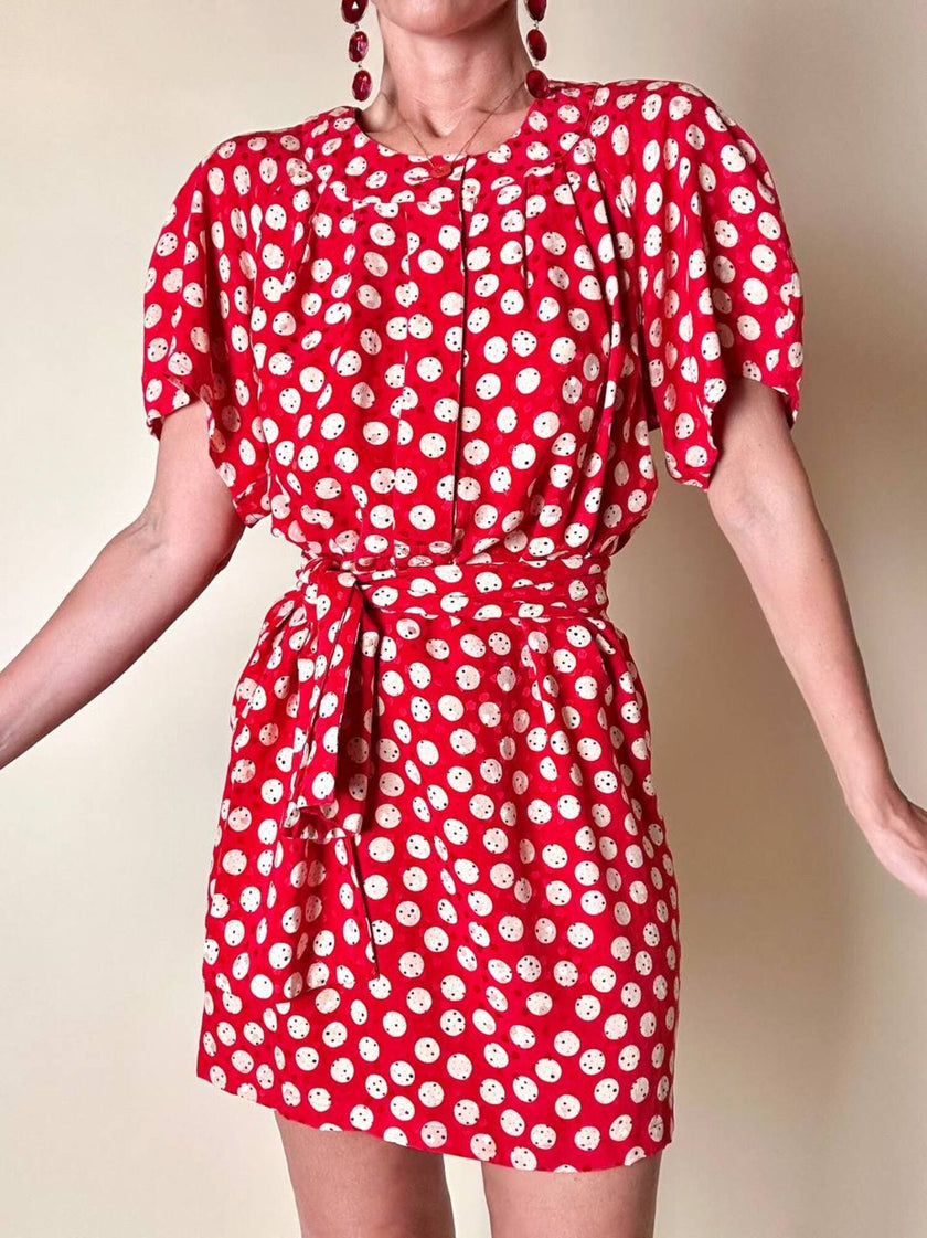 Mini abito rosso in seta jacquard a pois con fusciacca in coordinato “Fendi”