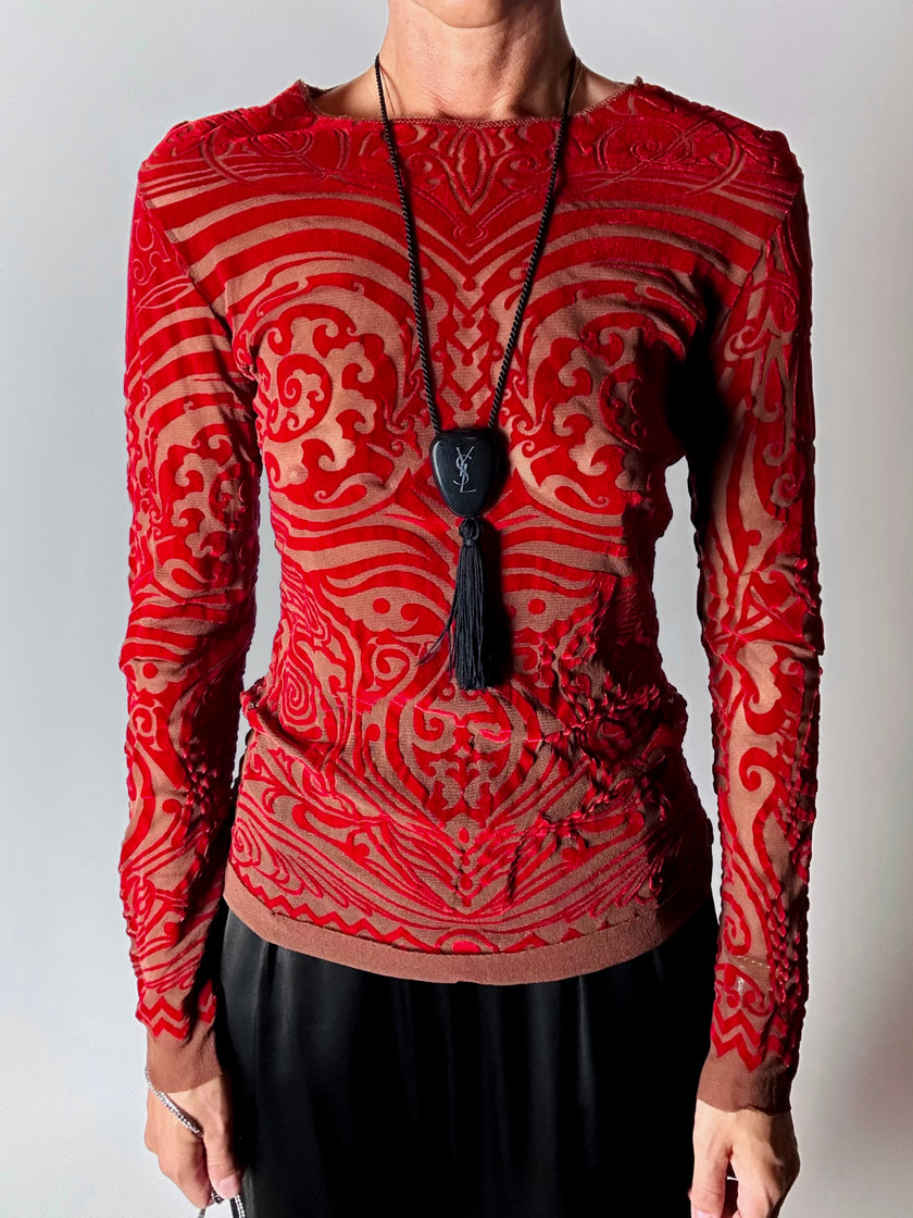 Maglia vintage Jean Paul Gaultier in mesh con stampa in floccato rosso