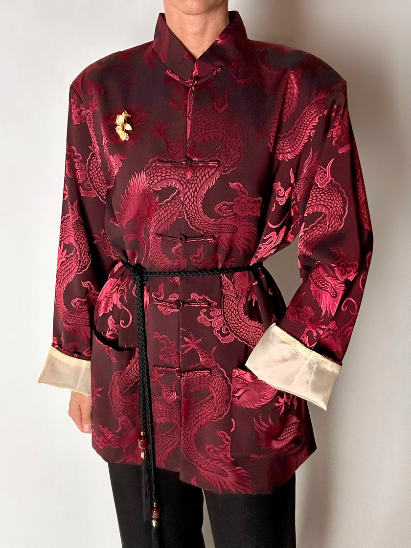 Giacca vintage in tessuto jacquard bordeaux con draghi cinesi e alamari