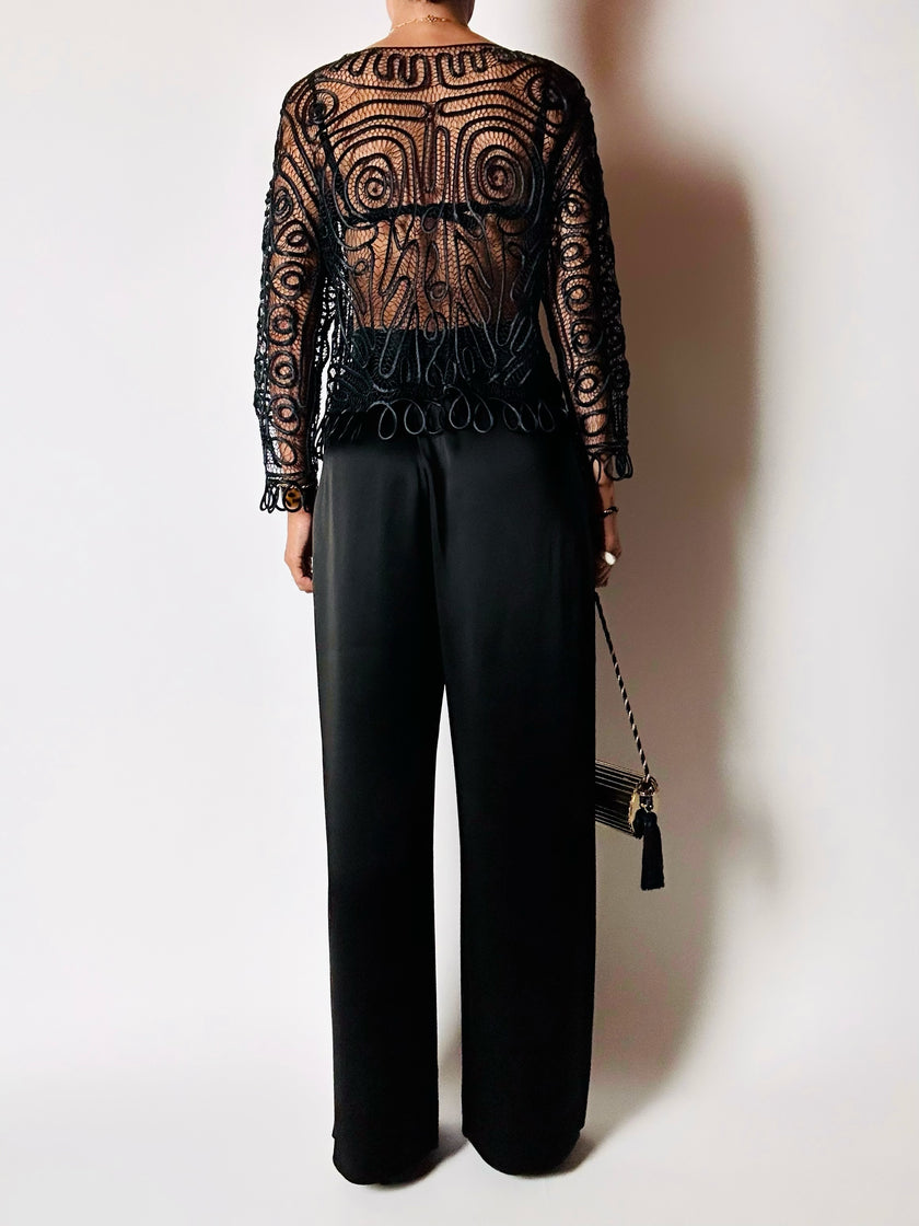 Giacca vintage in seta nera con ricami soutache e alamari