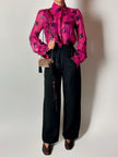 Camicia vintage Emanuel Ungaro in chiffon fucsia e lamé nero con volant plissé