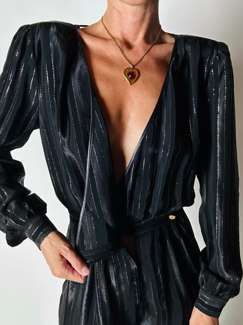 Jumpsuit vintage Yves Saint Laurent Rive Gauche nera con righe in lamé oro