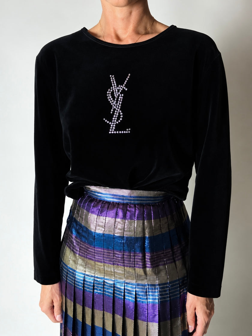 Maglia vintage Yves Saint Laurent Variation in ciniglia nera con logo YSL in strass
