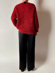 Cardigan vintage fatto a mano in lana mélange rossa e nera con bottoni dorati