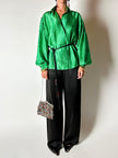 Camicia vintage sartoriale in raso di seta stampa pitone verde smeraldo