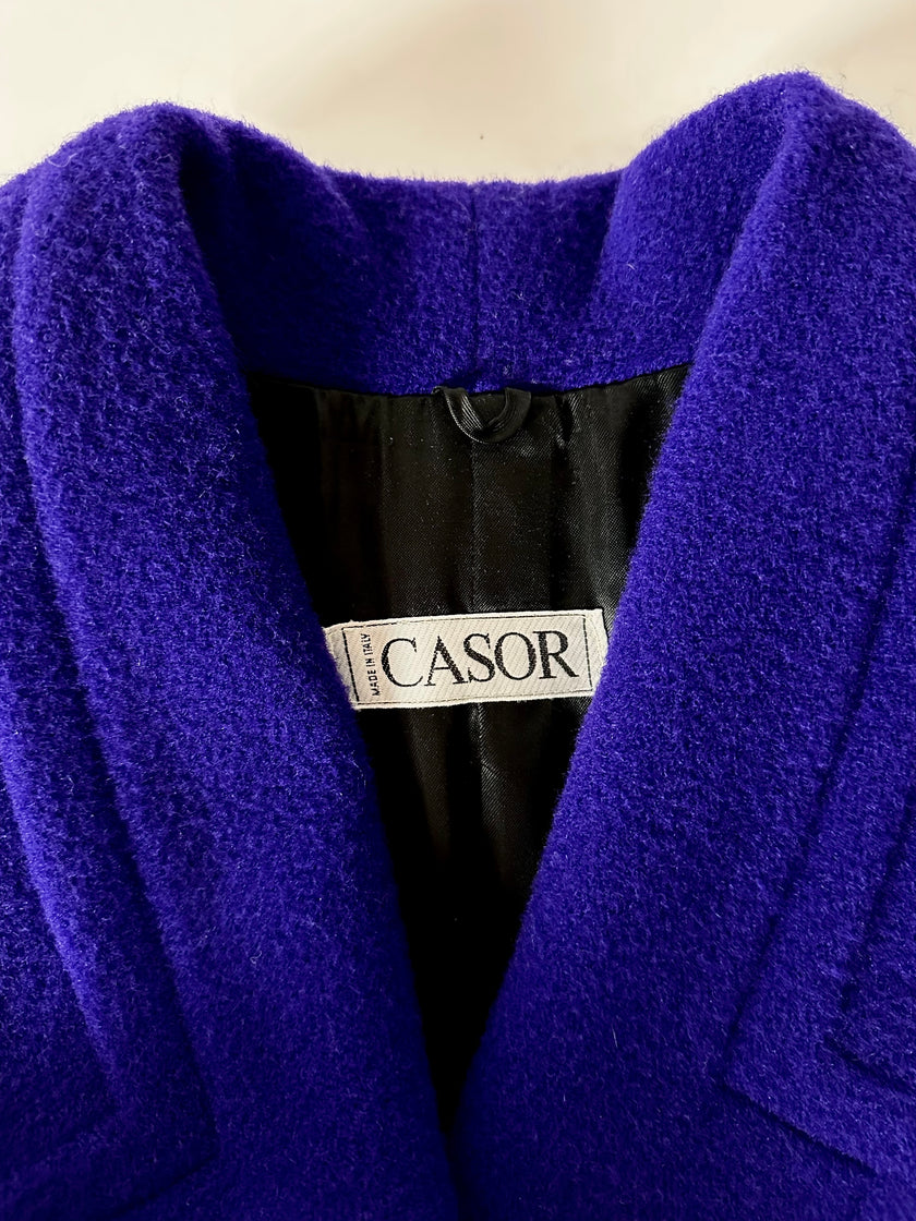 Cappotto vintage blu violaceo in lana con polsi in pelliccia di volpe nera