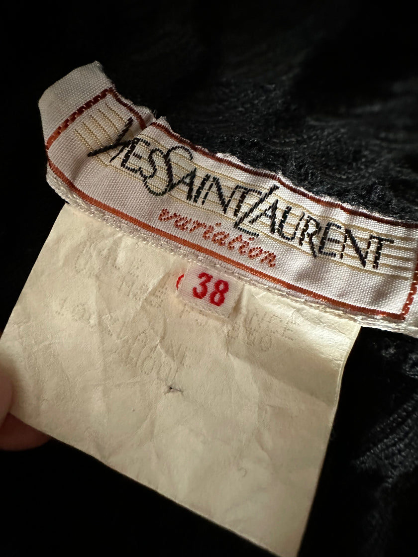 Pantaloni vintage Yves Saint Laurent Variation in lana nera a gamba ampia con tasche applicate