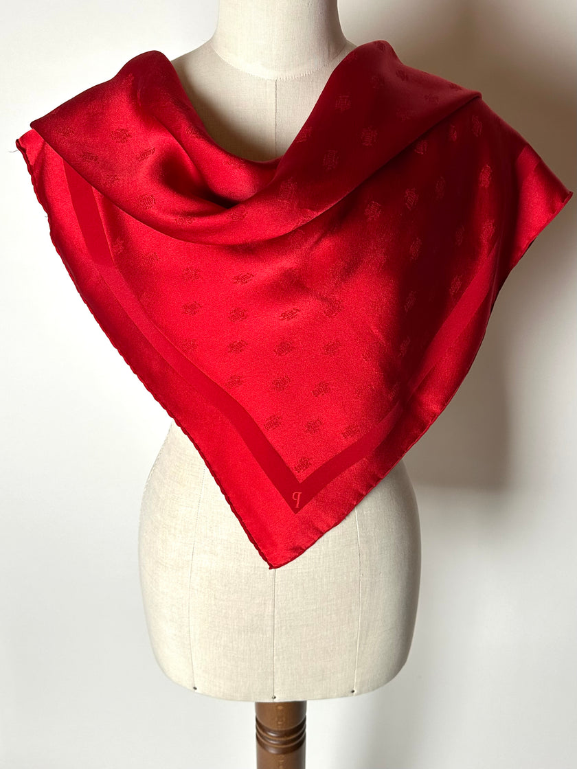Foulard vintage in seta jacquard rosso con motivi ornamentali