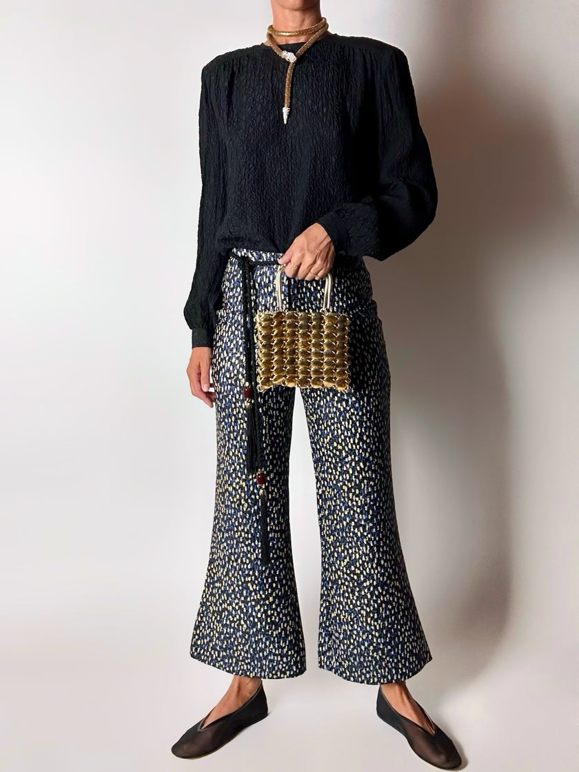 Pantalone a trombetta Merchant Archive in jacquard lamé bluette nero e oro
