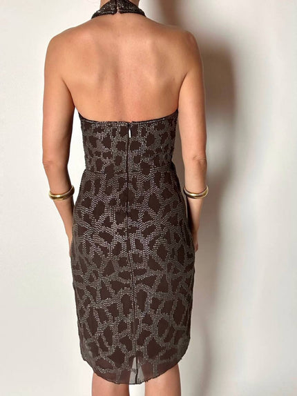 Abito vintage Roberto Cavalli in crêpe di seta marrone con ricamo in paillettes bronzo