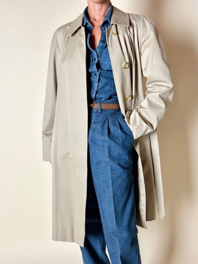 Vintage Burberry’s beige quill gabardine trench coat with matching belt and Check lining