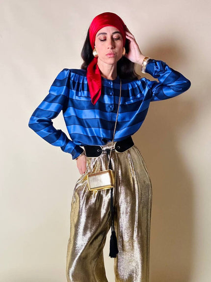 Camicia a righe in raso di seta blu Cina “Valentino Garavani”