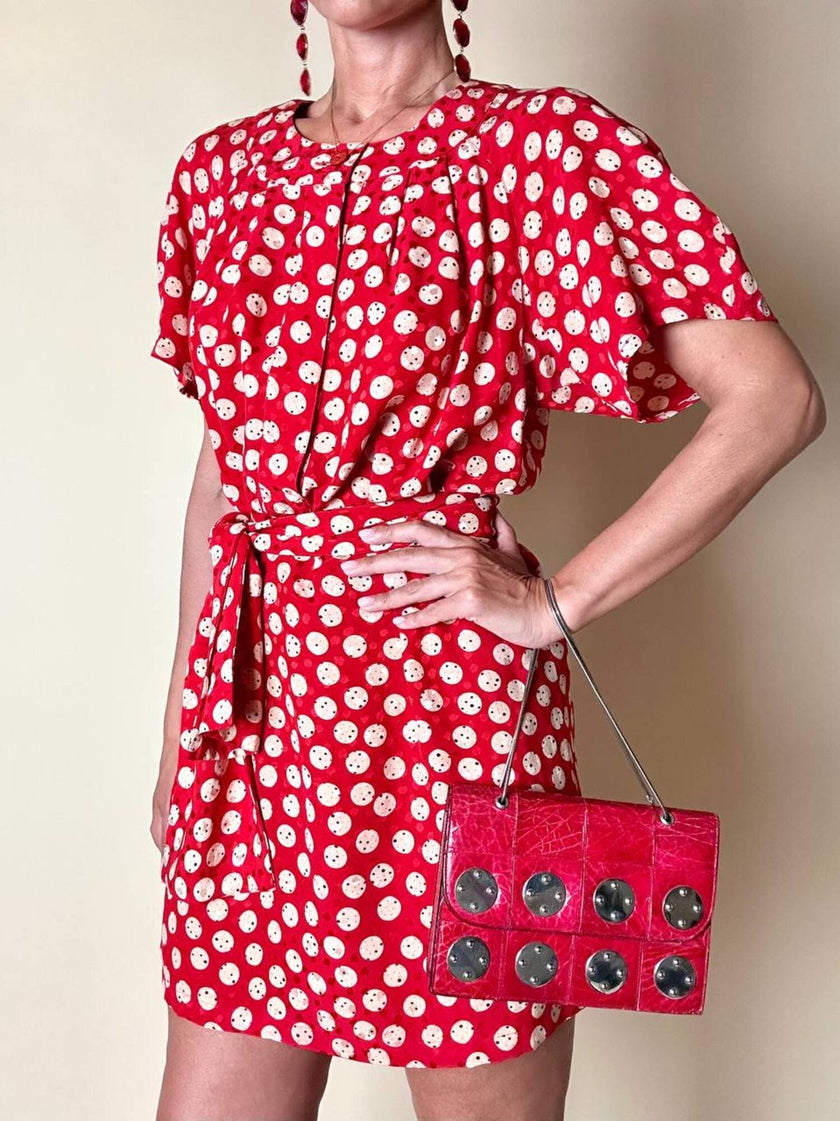 Mini abito rosso in seta jacquard a pois con fusciacca in coordinato “Fendi”