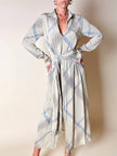 Abito Guy Laroche in crepe beige fantasia geometrica nera e azzurra