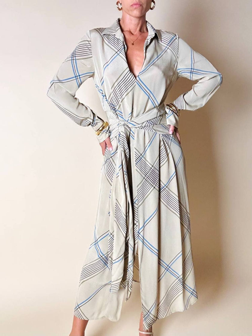Abito Guy Laroche in crepe beige fantasia geometrica nera e azzurra