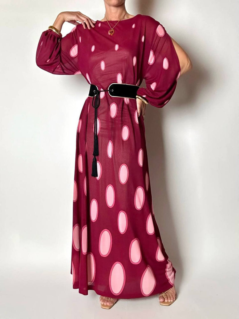 Maxi abito vintage Gottex in cpêpe amarena con maxi pois irregolari rosa