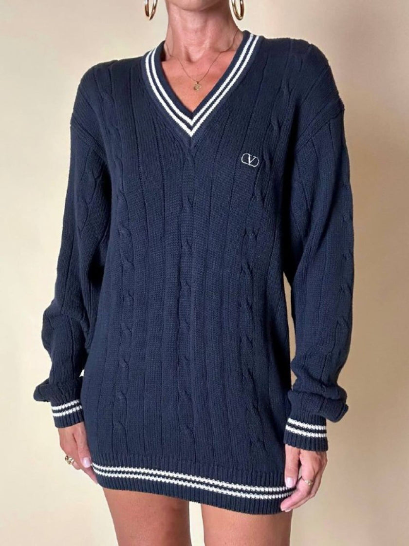 Pullover Valentino Garavani in cotone blu navy con dettagli bianchi
