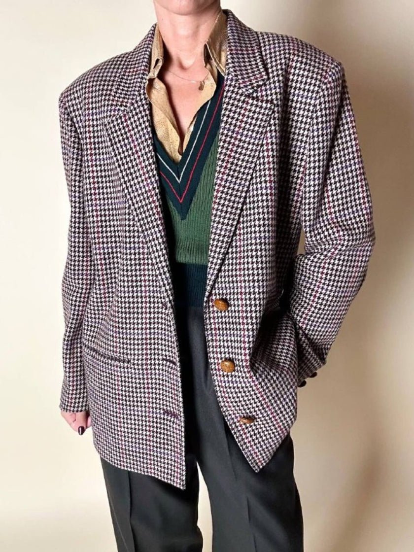 Blazer United Class Coll Colors Benetton in lana pied de poule beige e cioccolato con bottoni berlebeck