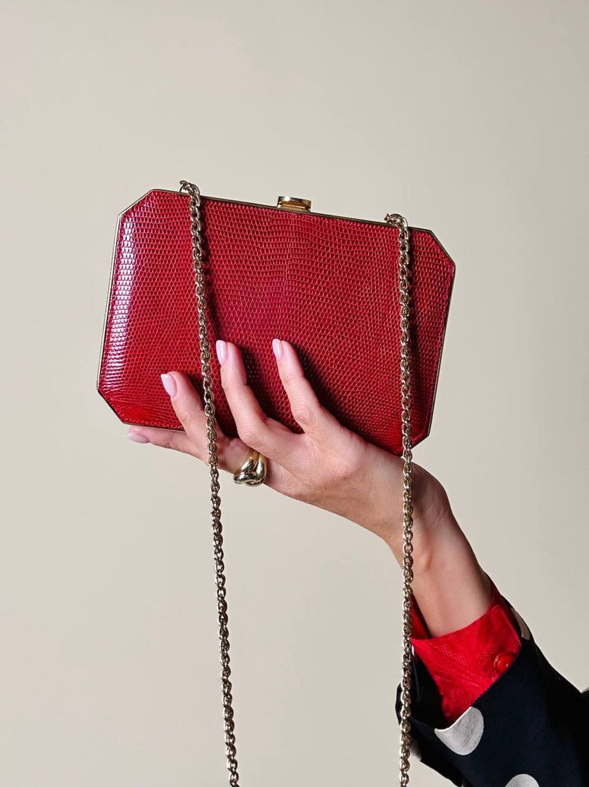 Borsa vintage Sgargi forma ottagonale in lizard rossa con tracolla in catena