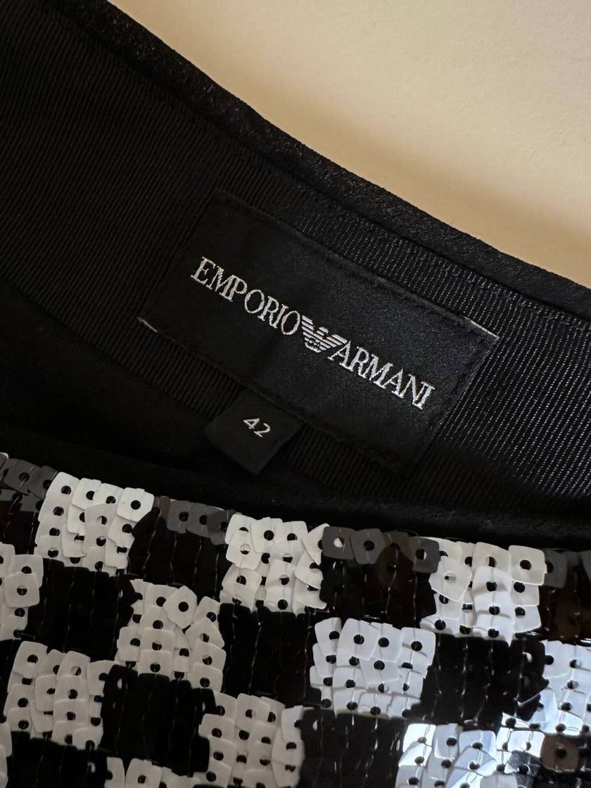 Gonna Emporio Armani in paillettes bianche e nere con motivo a scacchi