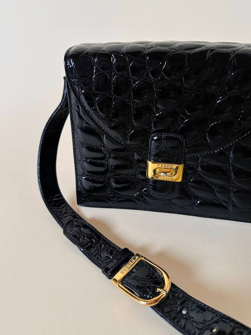 Borsa in pelle nera lucida stampa cocco “Gianfranco Ferré”