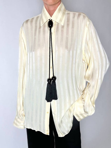 Camicia vintage in seta Valentino Garavani color avorio a righe con loghi allover