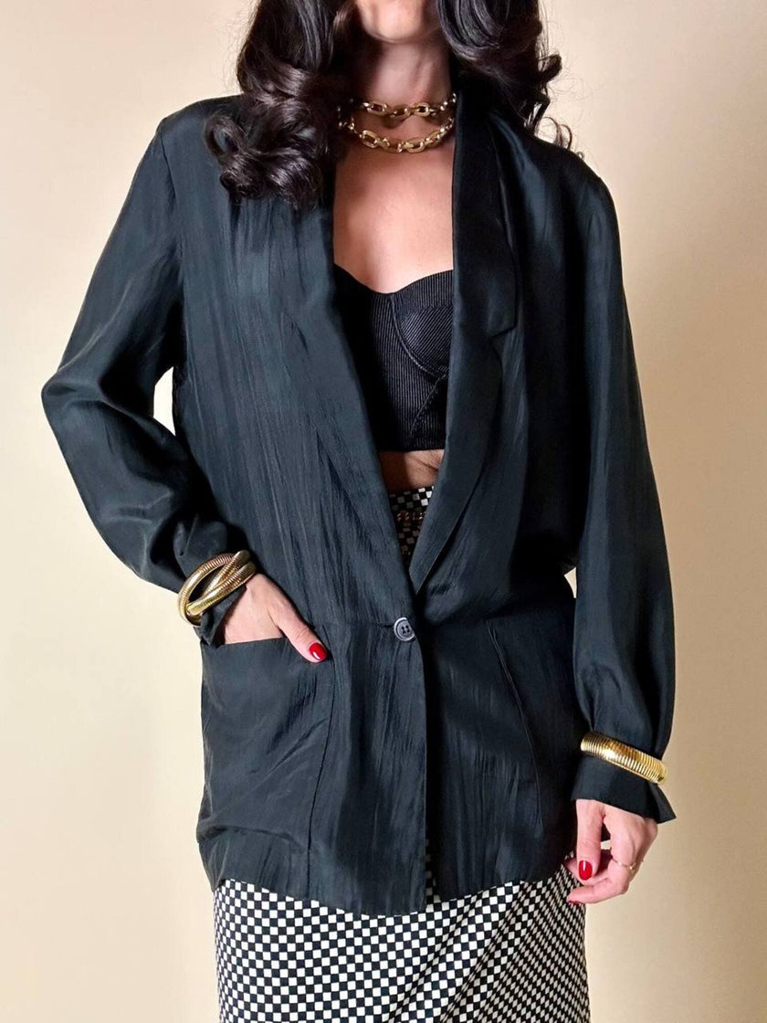 Blazer oversize in seta nera “Années Lauder”