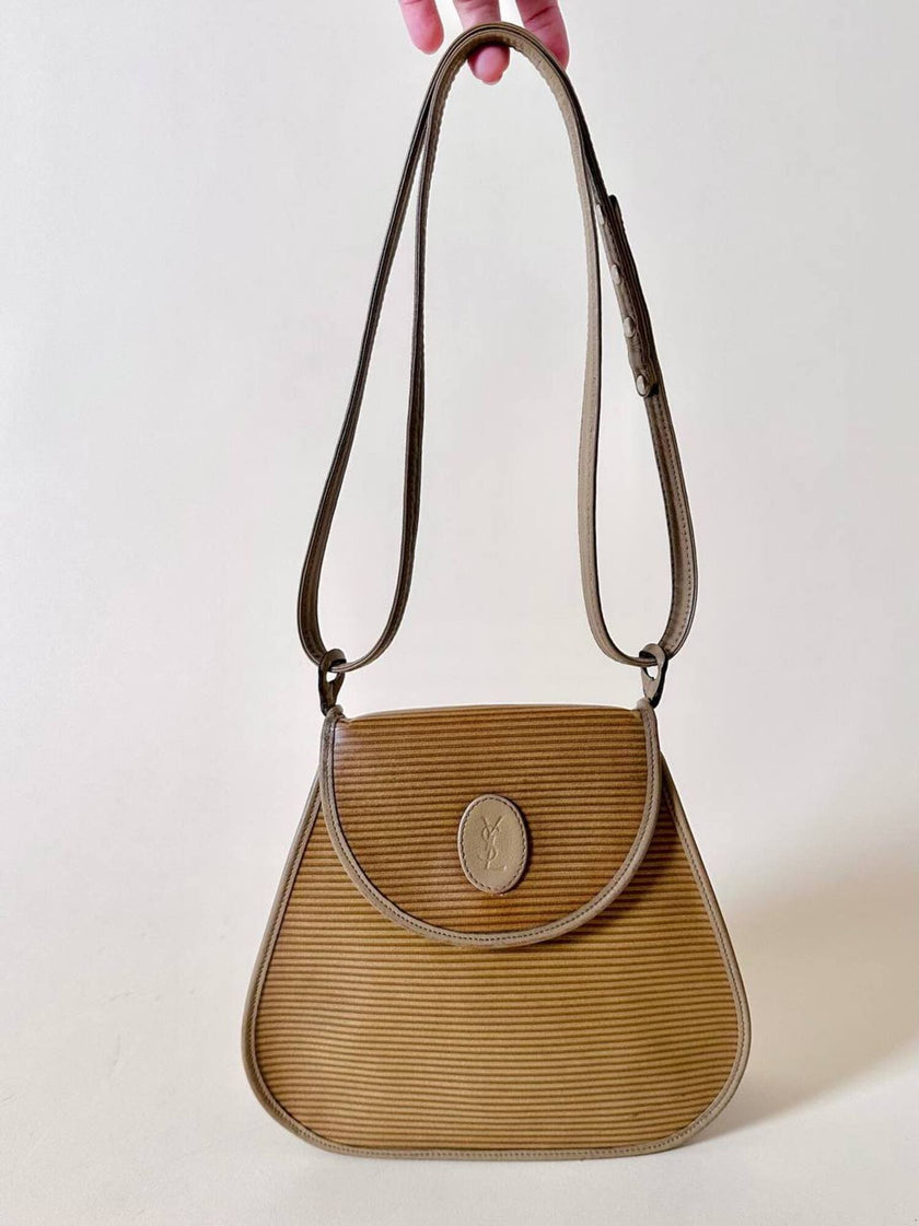 Borsa Yves Saint Laurent in tessuto plastificato millerighe color cammello con riporti in pelle argilla