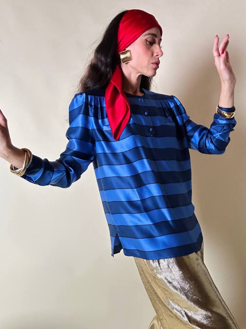 Camicia a righe in raso di seta blu Cina “Valentino Garavani”