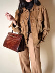 Giacca trucker in pelle scamosciata tabacco con bottoni effetto berlebeck