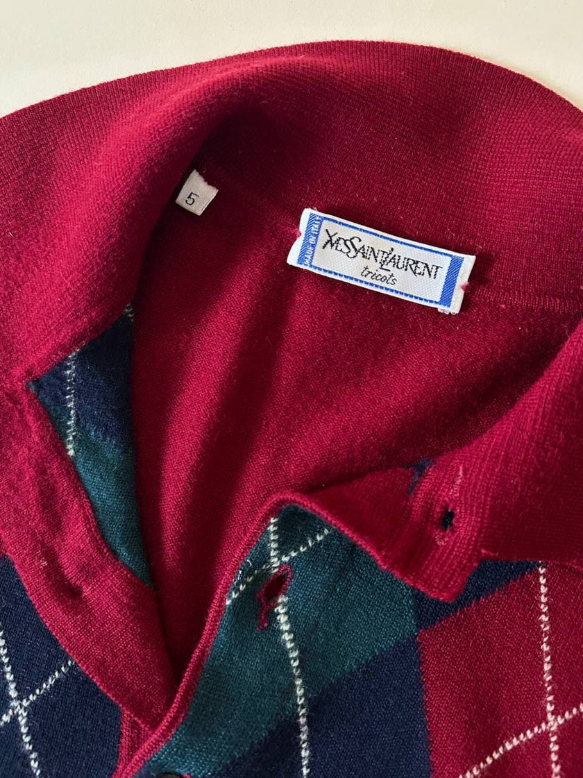 Pullover Yves Saint Laurent fantasia Argyle rosso Borgogna verde inglese e blu notte