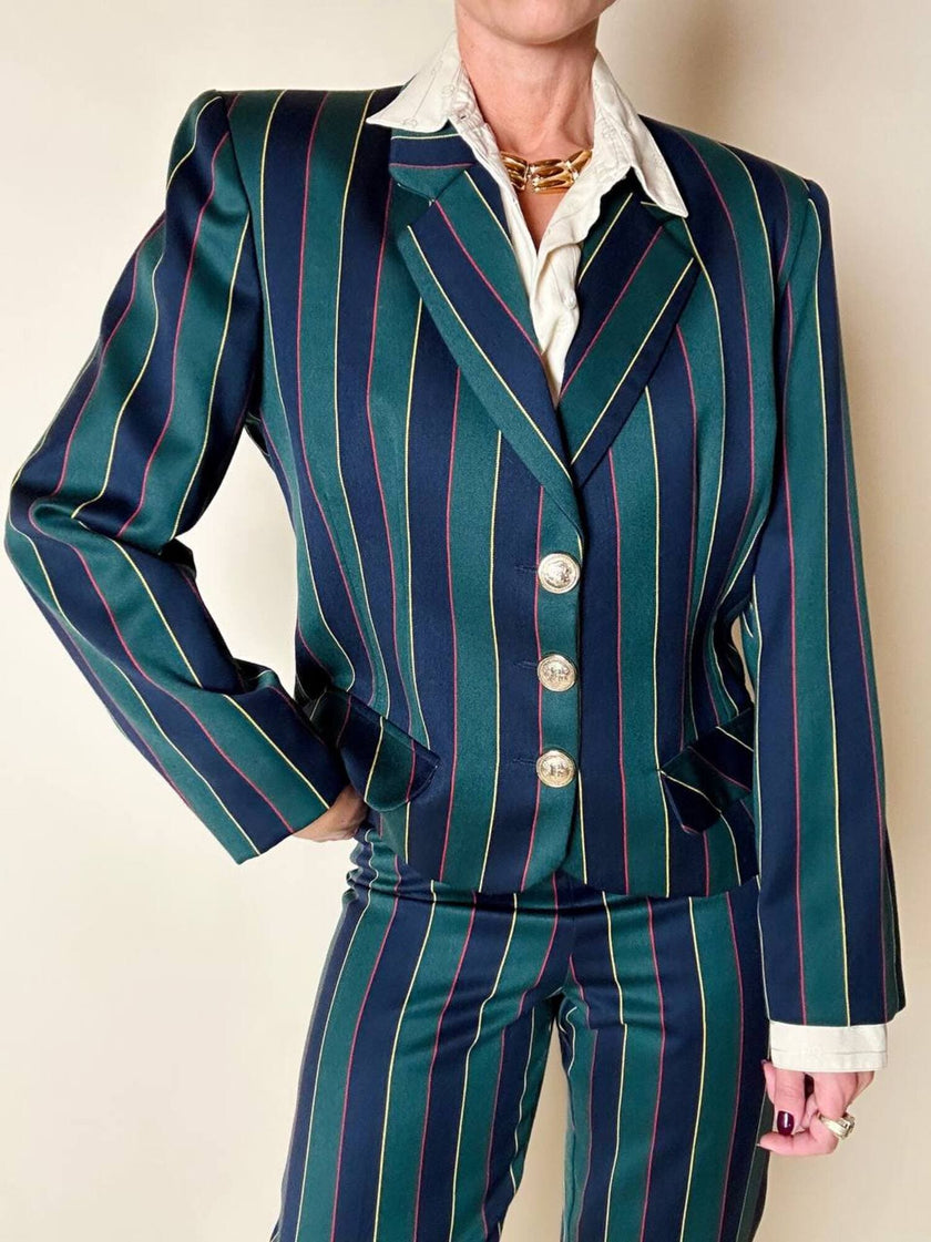 Witty Girl ensemble in bottle green and midnight blue vertical-striped wool jersey