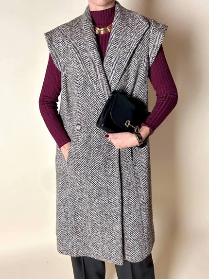 Gilet lungo doppiopetto in tweed a spina di pesce bianco e marrone
