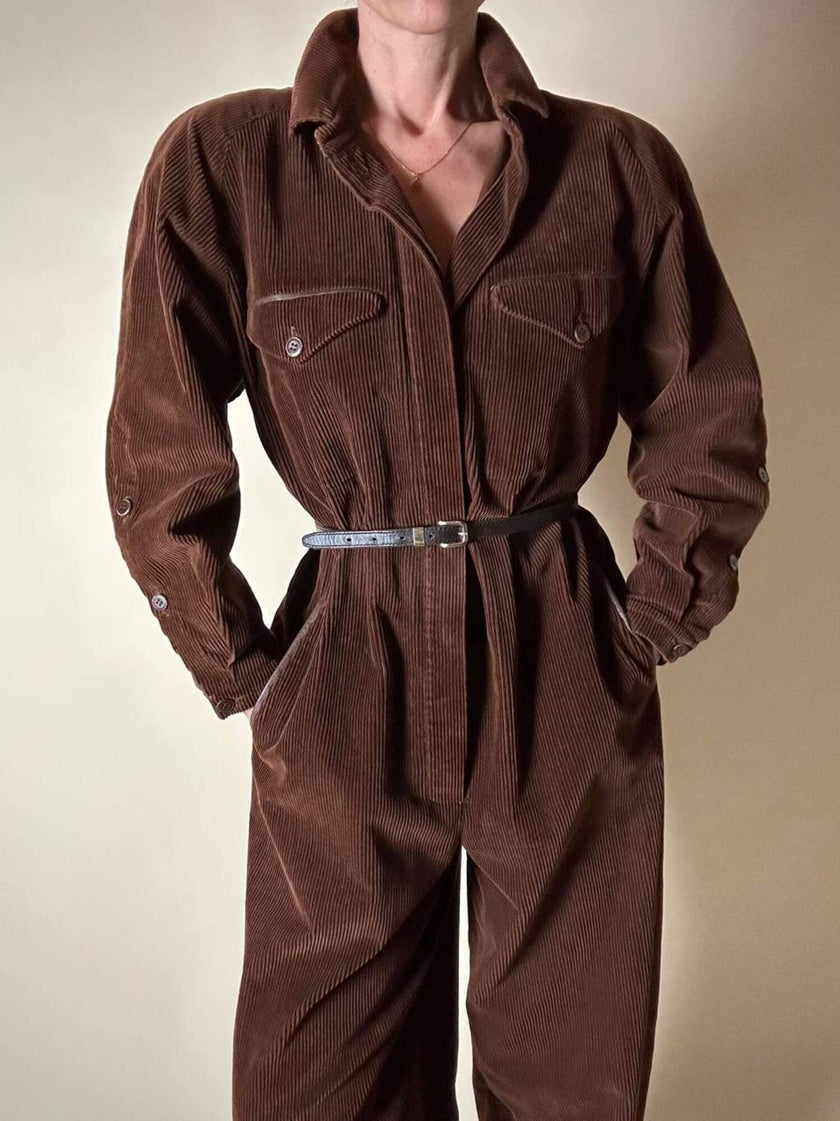 Combinaison vintage Complice en velours côtelé marron avec détails en cuir