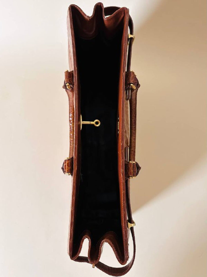 Maxi borsa in pelle stampa coccodrillo color cuoio