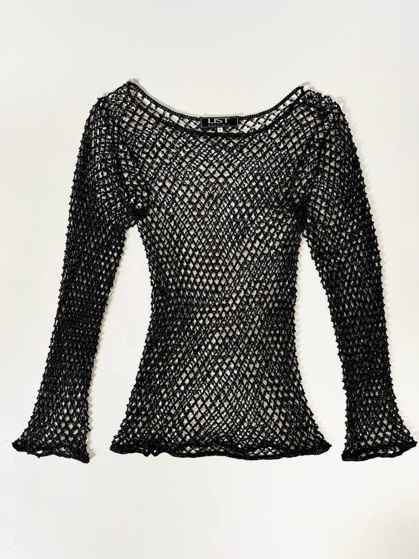 Maglia gioiello vintage List in rete operata con microperline nere
