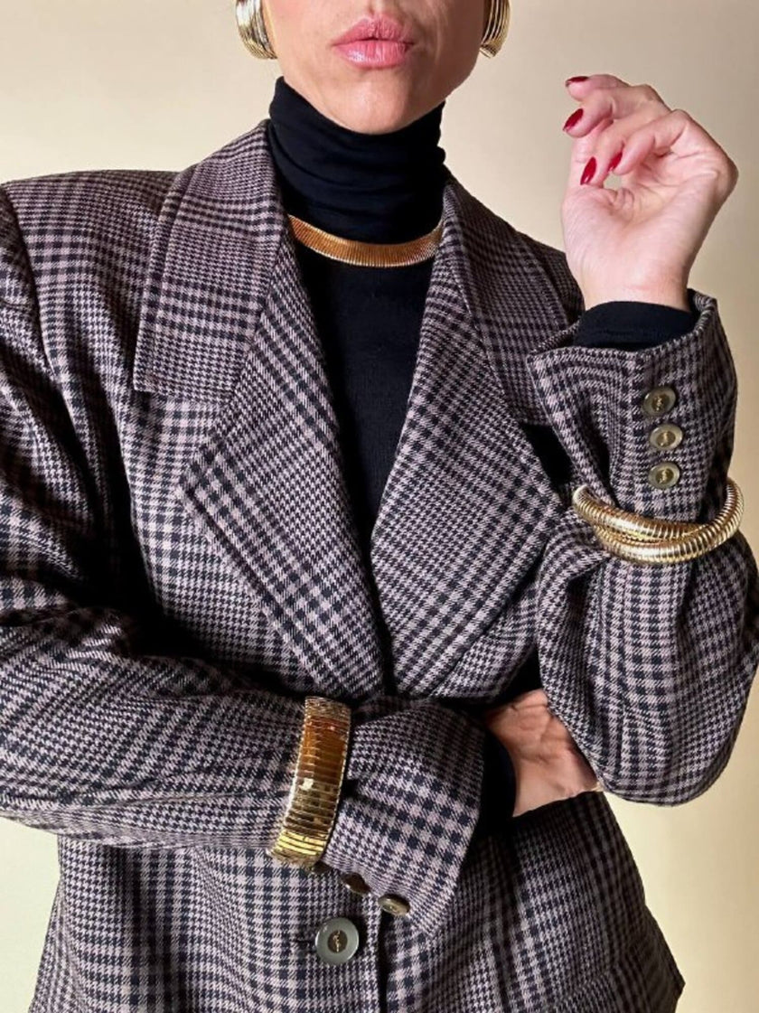 Blazer sartoriale in rasato di lana principe di Galles fango e nero