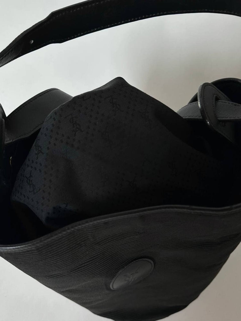 Secchiello vintage Yves Saint Laurent in tessuto nero millerighe con riporti in pelle